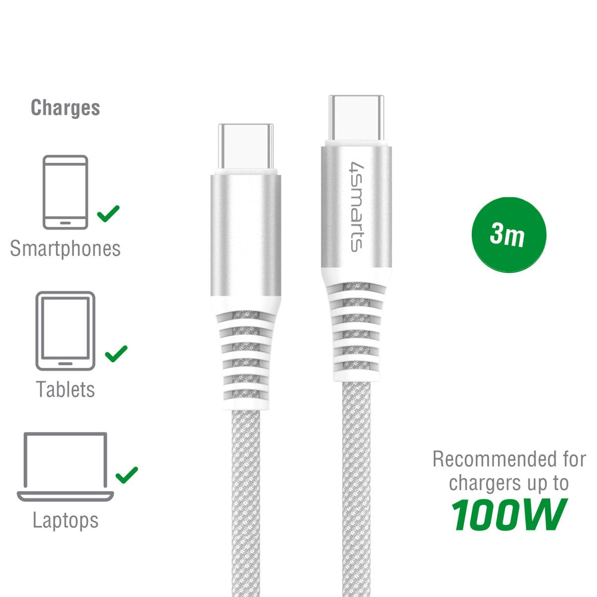 4smarts RapidCord 100W USB-C til USB-C Kabel 300 cm. - Hvid