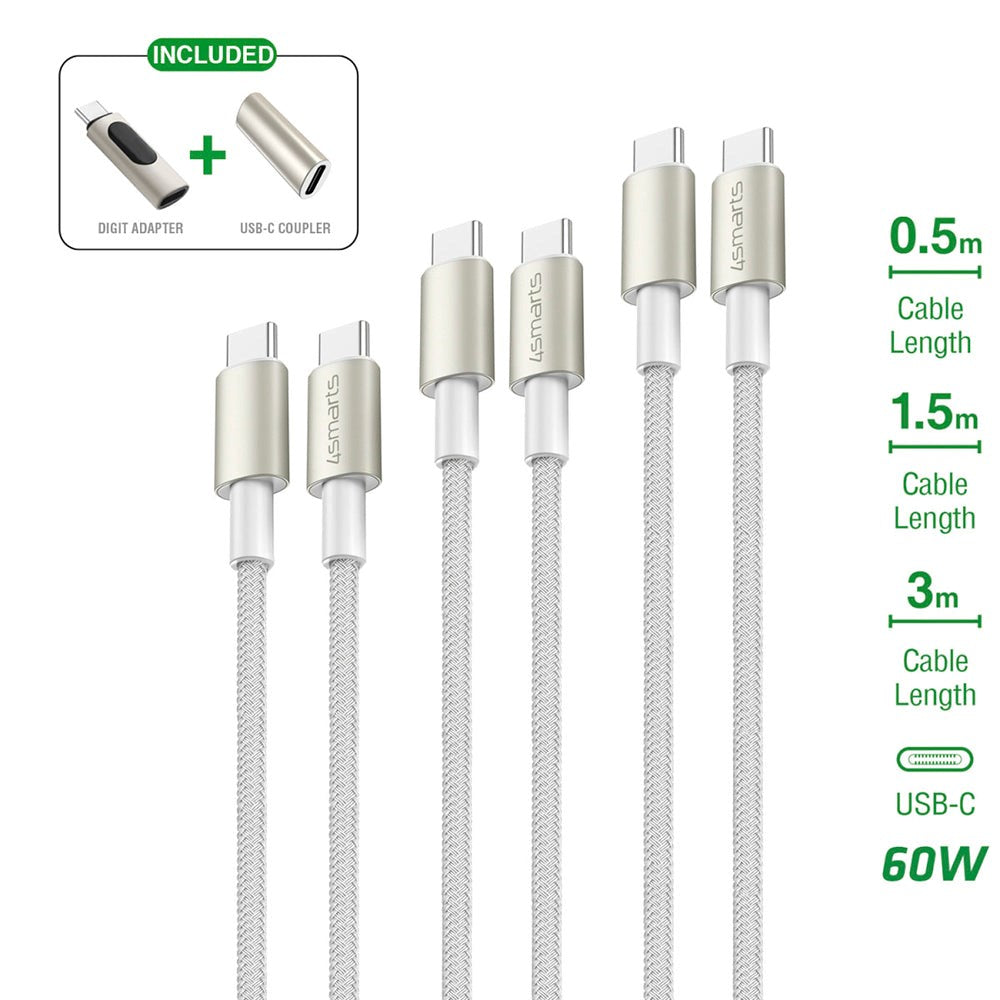 4smarts USB-C til USB-C 60W PremiumCord - 3x USB-C til USB-C Kabel m. USB-C Adapter & Forlænger - Hvid
