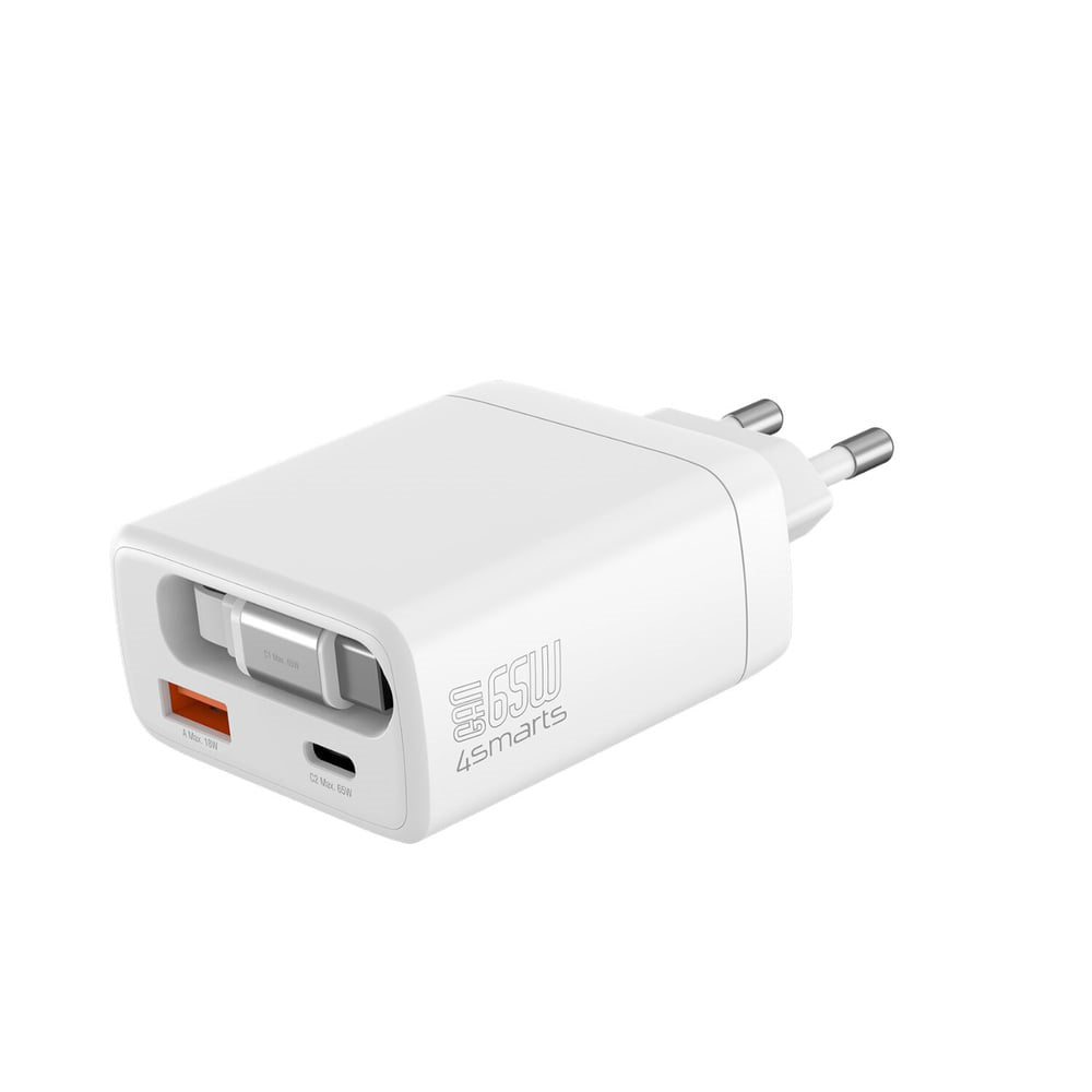 4smarts Vægoplader PD (Power Delivery) 65W Jojo m. USB-C / USB-A og USB-C Kabel - Hvid