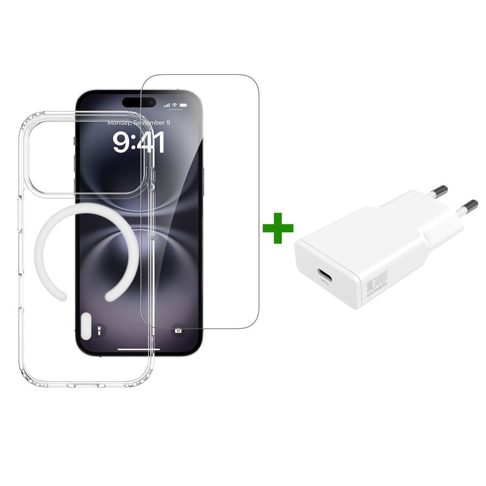 iPhone 18 Pro / 17 Pro - 4Smarts 3-i-1 Premium Starter Set - MagSafe Mobil Cover, Skærmbeskyttelse & 20W Vægoplader - Gennemsigtig / Hvid