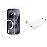 iPhone 18 Pro / 17 Pro - 4Smarts 3-i-1 Premium Starter Set - MagSafe Mobil Cover, Skærmbeskyttelse & 20W Vægoplader - Gennemsigtig / Hvid