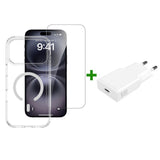 iPhone 18 Pro Max / 17 Pro Max - 4Smarts 3-i-1 Premium Starter Set - MagSafe Mobil Cover, Skærmbeskyttelse & 20W Vægoplader - Gennemsigtig / Hvid