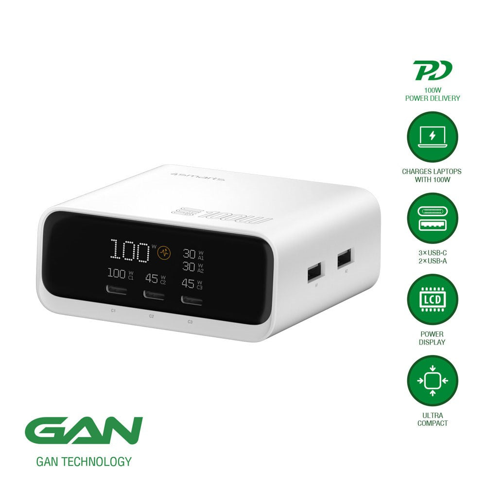 4smarts GaN 100W Bordoplader m. Skærm - 3x USB-C & 2x USB-A - Hvid