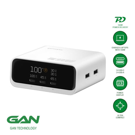 4smarts GaN 100W Bordoplader m. Skærm - 3x USB-C & 2x USB-A - Hvid