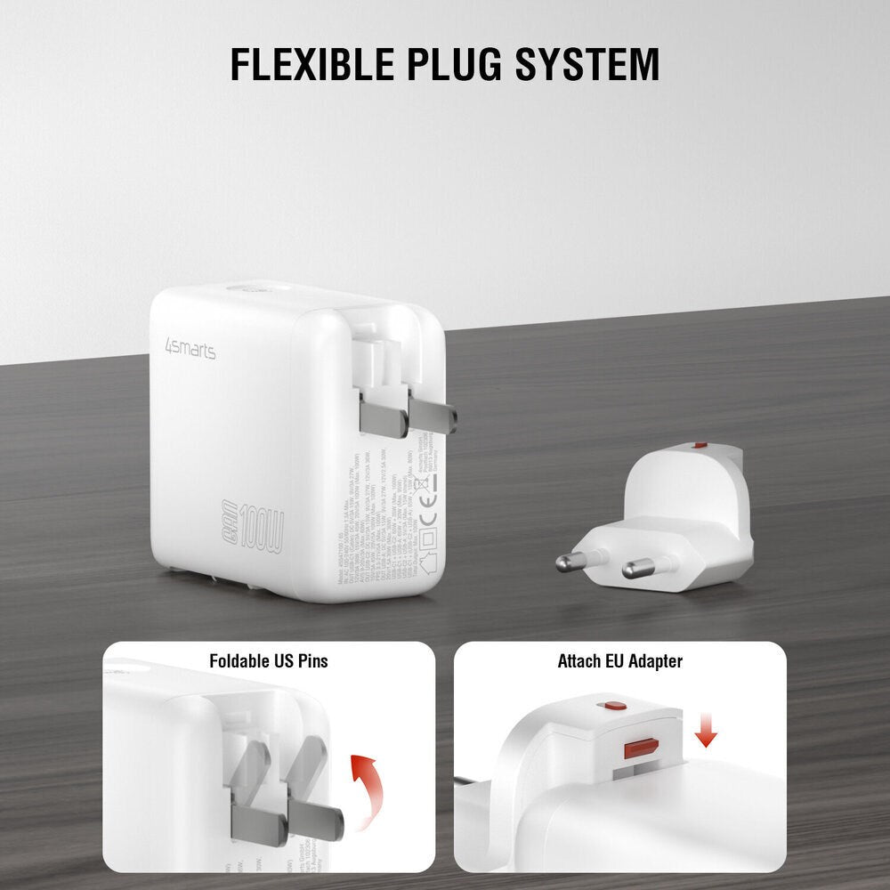 4smarts 100W Vægoplader m. Display & Indbygget USB-C Kabel & 1 x USB-A & 1 x USB-C - Hvid