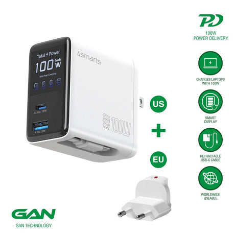 4smarts 100W Vægoplader m. Display & Indbygget USB-C Kabel & 1 x USB-A & 1 x USB-C - Hvid
