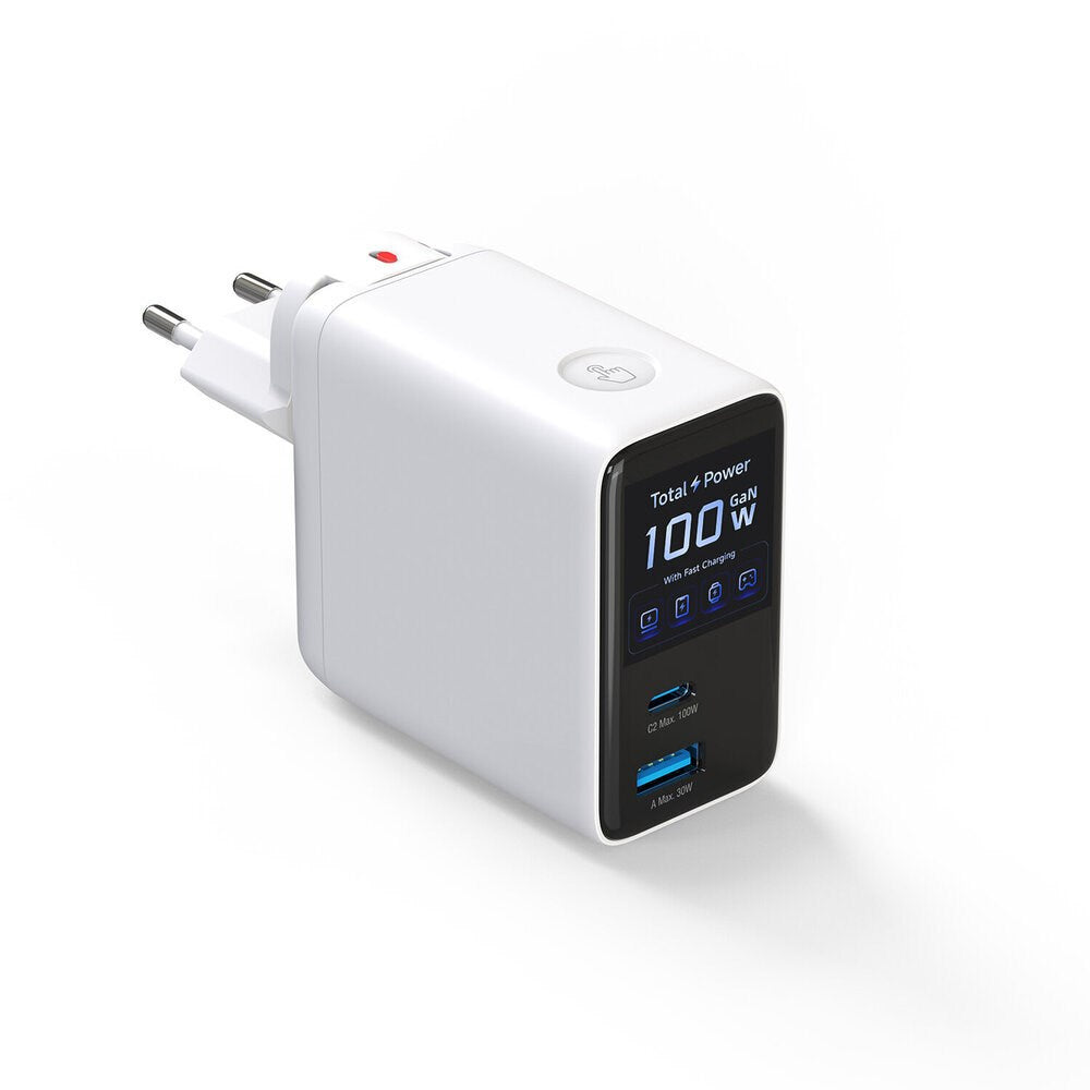 4smarts 100W Vægoplader m. Display & Indbygget USB-C Kabel & 1 x USB-A & 1 x USB-C - Hvid