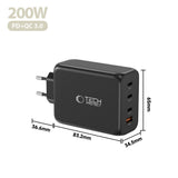 Tech-Protect Vægoplader m. 3x USB-C / 1x USB-A - 200W - Sort