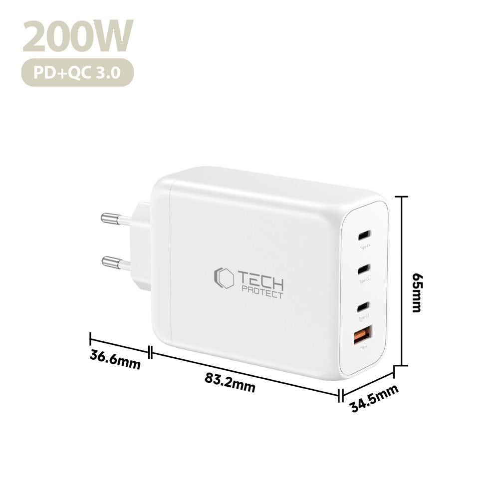 Tech-Protect Vægoplader m. 3x USB-C / 1x USB-A - 200W - Hvid