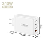 Tech-Protect Vægoplader m. 3x USB-C / 1x USB-A - 240W - Hvid