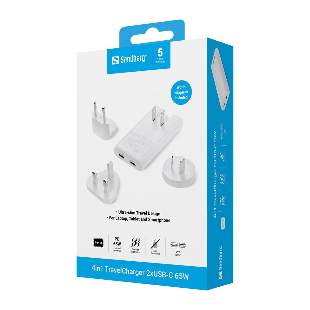 Sandberg 4-i-1 Rejse Vægoplader - 2x USB-C - 65W - EU / UK / AUS - Hvid