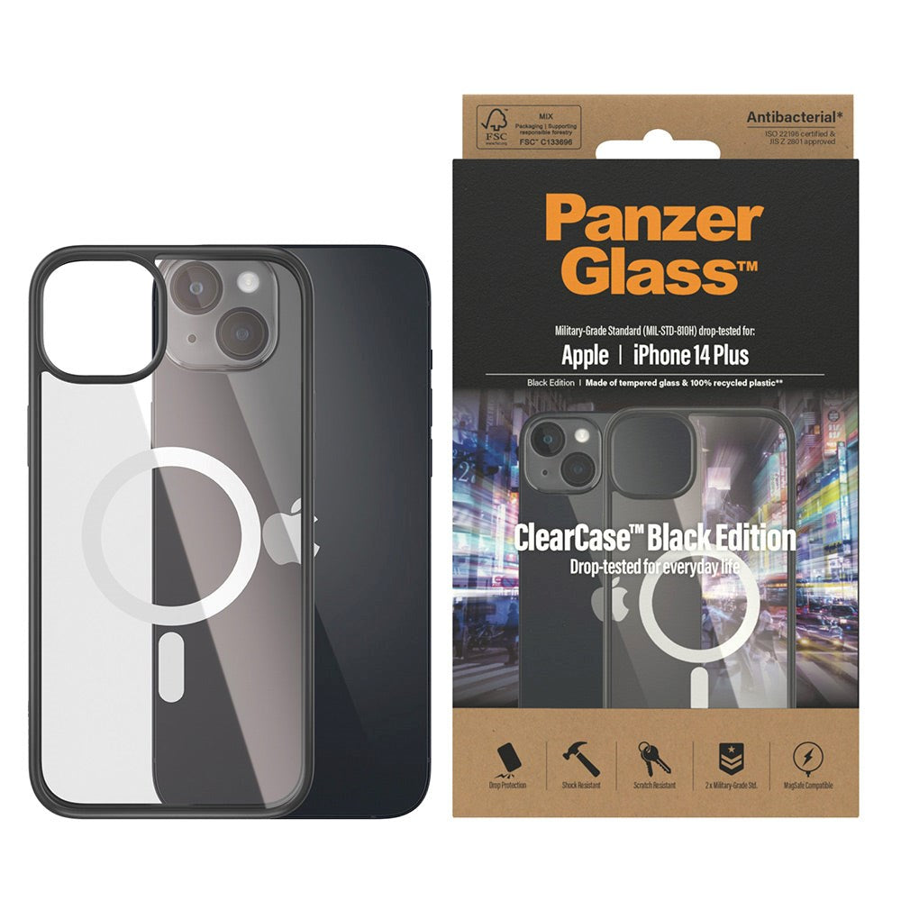 iPhone 14 Plus Bagside Cover PanzerGlass AntiBakteriel ClearCase - MagSafe Kompatibel - Sort Kant