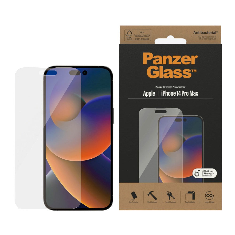 iPhone 14 Pro Max PanzerGlass AntiBacterial Classic Fit Skærmbeskyttelsesglas - Platinum Strength - Gennemsigtig