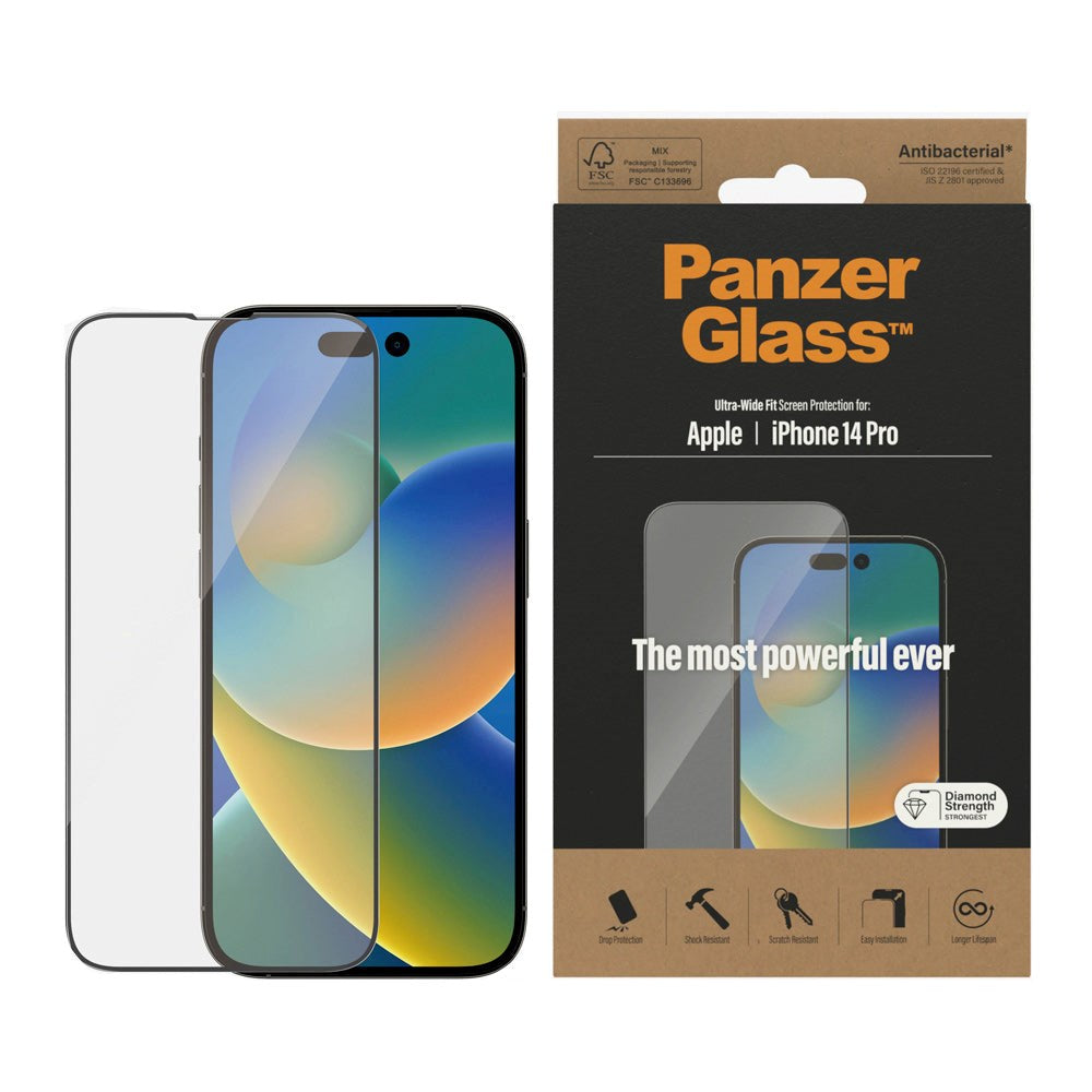 iPhone 14 Pro PanzerGlass AntiBacterial Ultra Wide Fit Skærmbeskyttelsesglas - Diamond Strength - Gennemsigtig