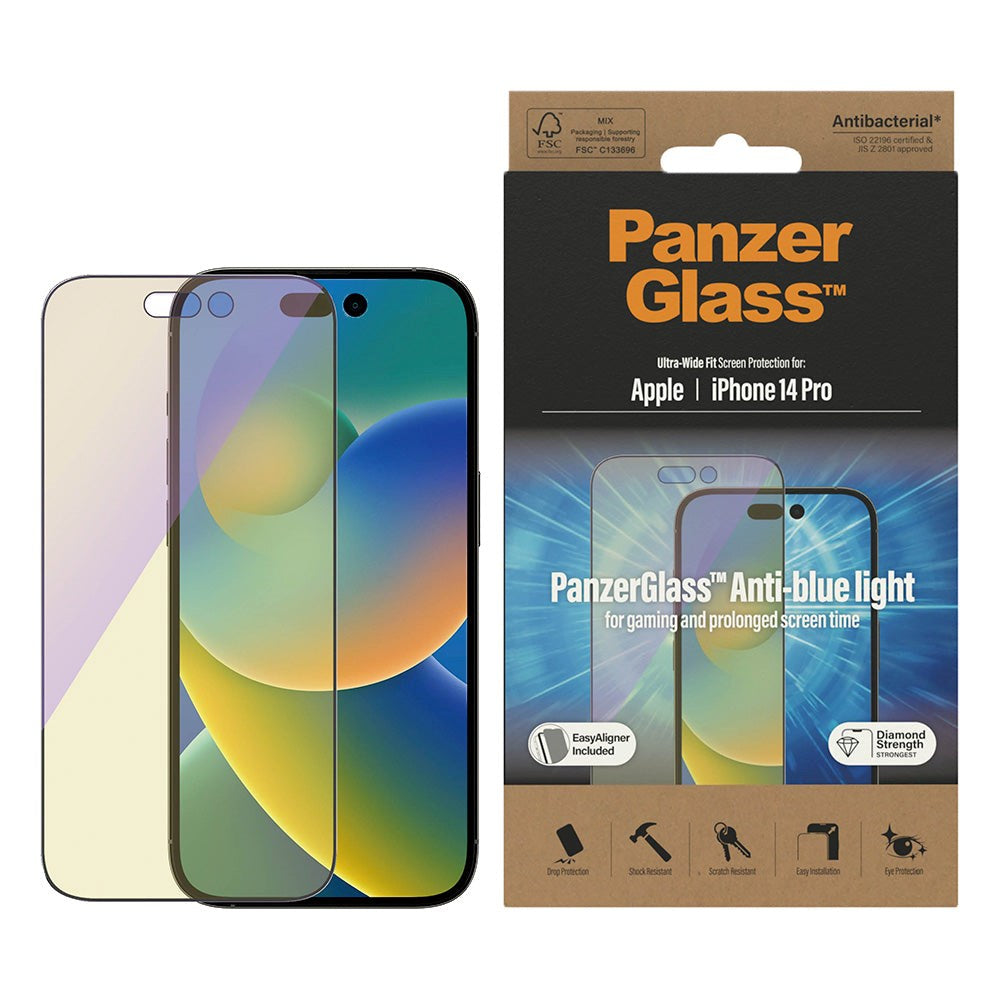 iPhone 14 Pro PanzerGlass AntiBacterial Ultra Wide Fit Skærmbeskyttelsesglas - Anti-Blue Light m. EasyAligner - Diamond Strength - Gennemsigtig / Sort