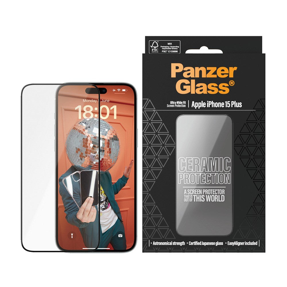 iPhone 15 Plus PanzerGlass Ultra Wide Fit Ceramic Beskyttelsesglas m. EasyAligner - Sort Kant