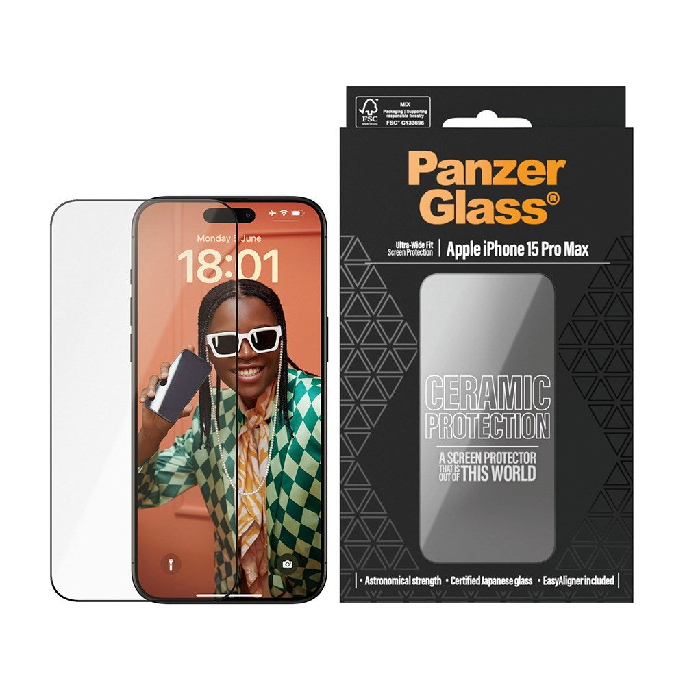 iPhone 15 Pro Max PanzerGlass Ultra Wide Fit Ceramic Beskyttelsesglas m. EasyAligner - Sort Kant