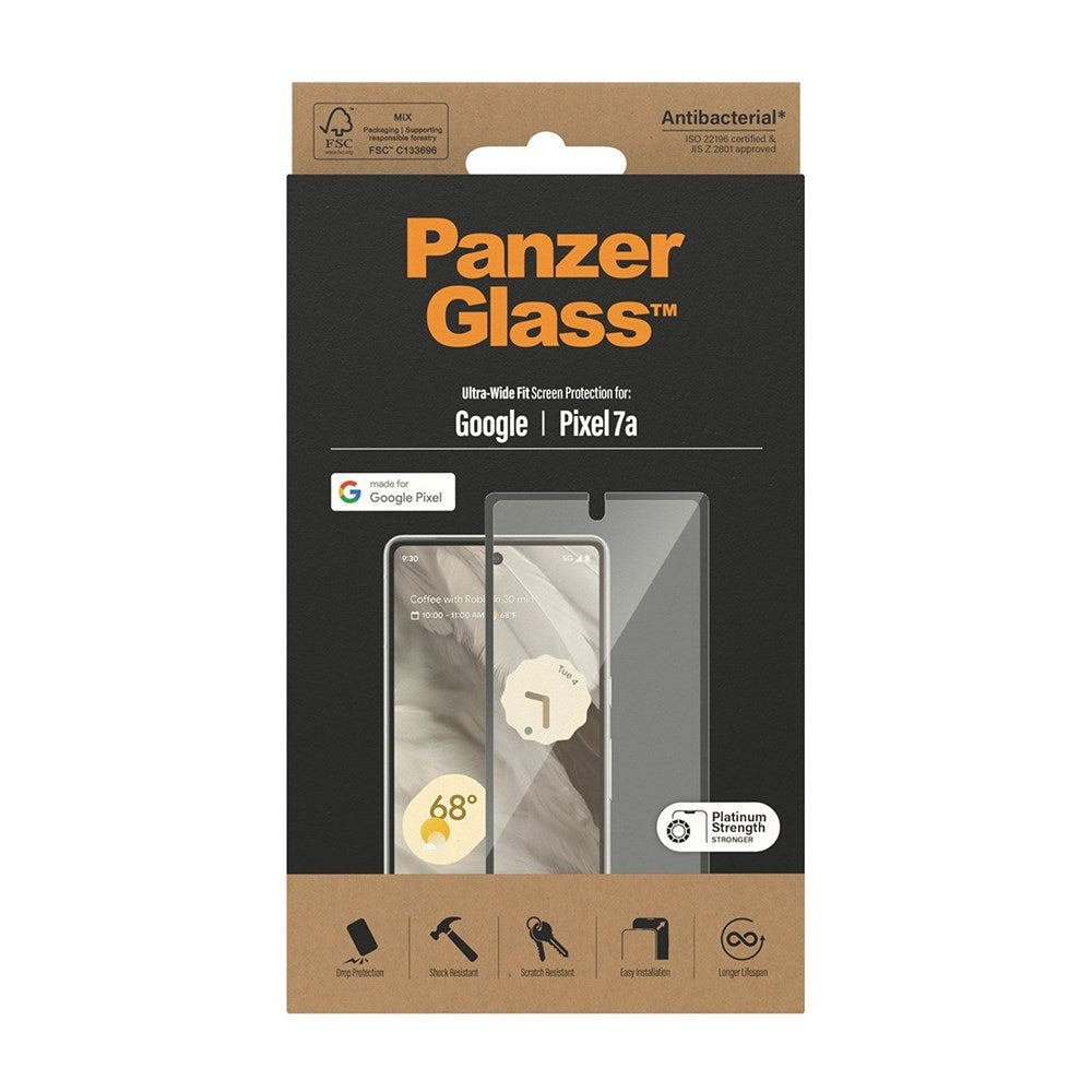 Google Pixel 7A PanzerGlass Ultra Wide Fit Skærmbeskyttelsesglas - Platinum Strength - Sort Kant