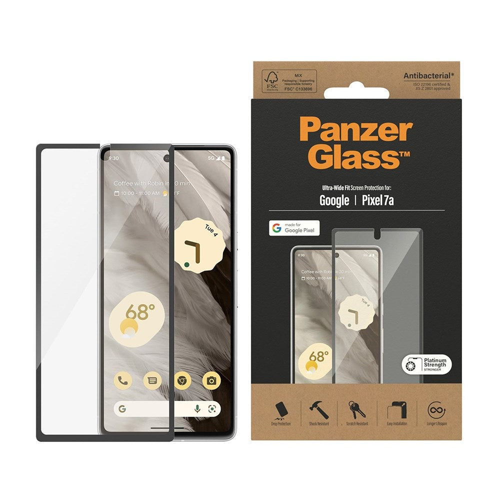 Google Pixel 7A PanzerGlass Ultra Wide Fit Skærmbeskyttelsesglas - Platinum Strength - Sort Kant