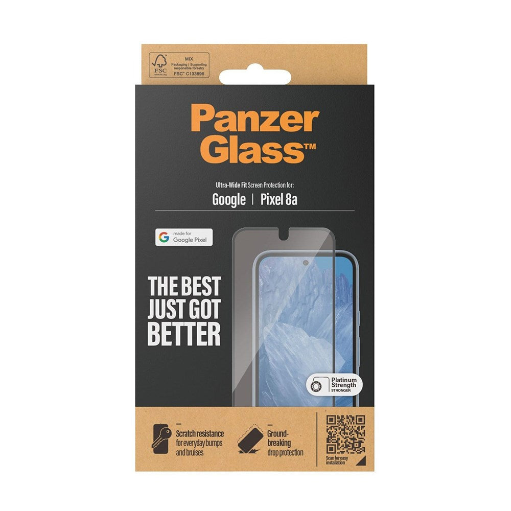 Google Pixel 8a PanzerGlass Ultra Wide Fit Skærmbeskyttelsesglas - Platinum Strength - Sort Kant