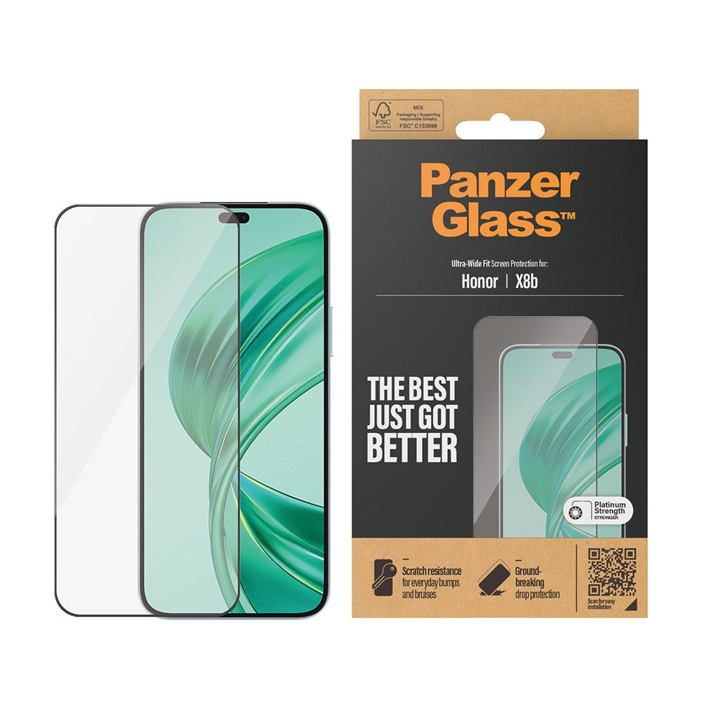 Honor X8b PanzerGlass Ultra Wide Fit Skærmbeskyttelsesglas - Platinum Strength - Sort Kant