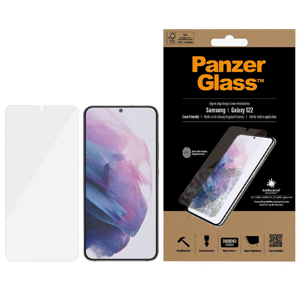 Samsung Galaxy S22 PanzerGlass AntiBacterial Edge-to-Edge Hærdet Glas - Case-Friendly - Gennemsigtig