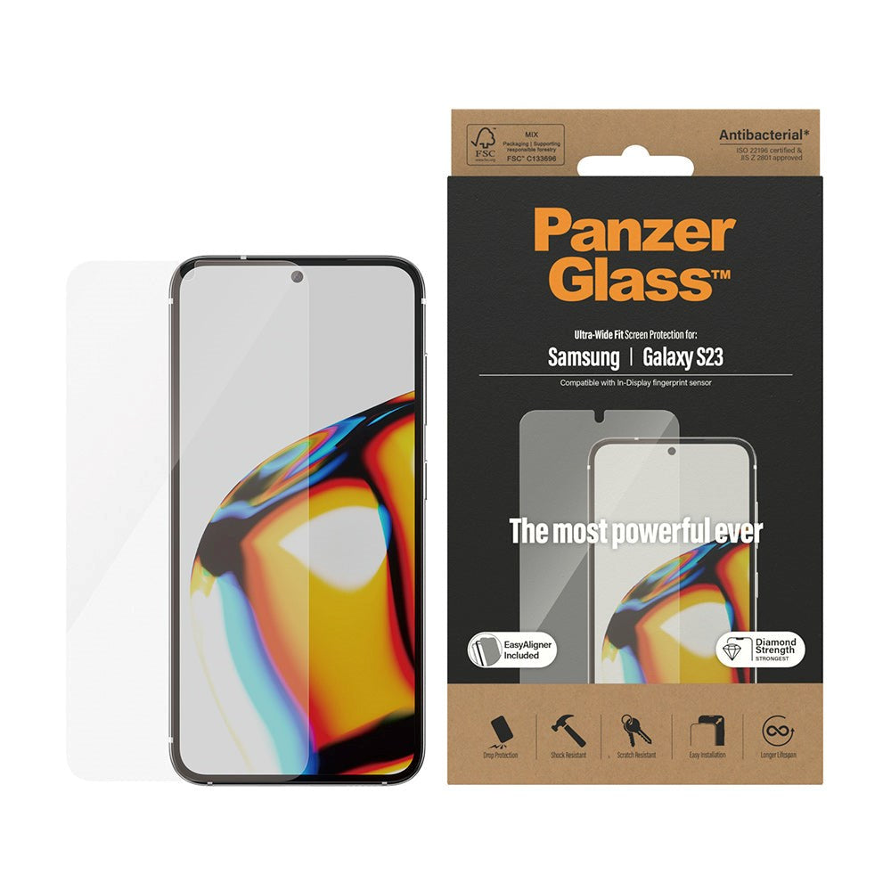 Samsung Galaxy S23 PanzerGlass AntiBacterial Ultra-Wide Fit Skærmbeskyttelsesglas - EasyAligner - Diamond Strength - Gennemsigtig