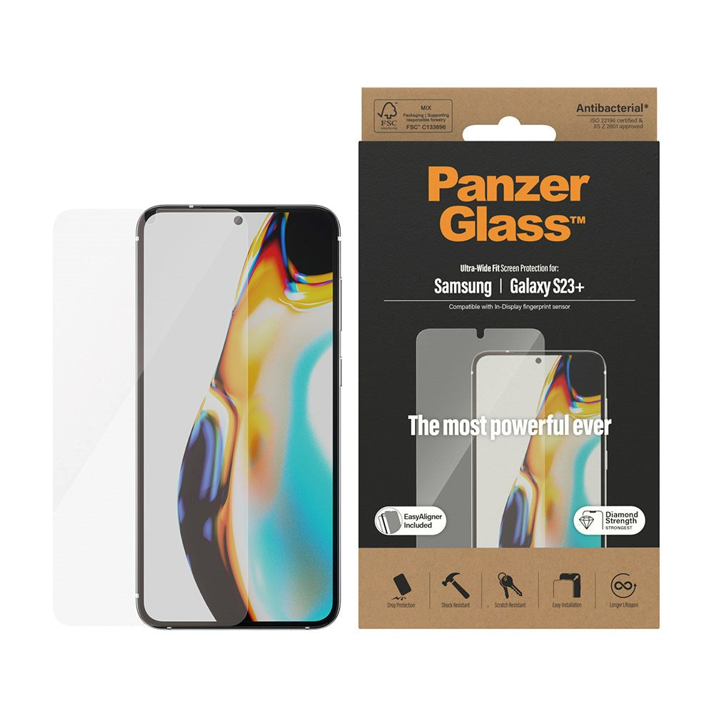 Samsung Galaxy S23+ (Plus) PanzerGlass AntiBacterial Ultra-Wide Fit Skærmbeskyttelsesglas - EasyAligner - Diamond Strength - Gennemsigtig