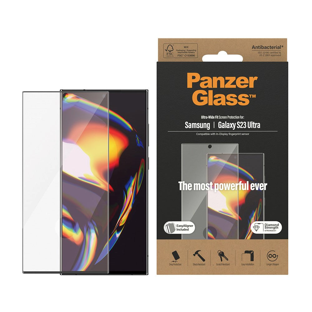 Samsung Galaxy S23 Ultra PanzerGlass AntiBacterial Ultra-Wide Fit Skærmbeskyttelsesglas - EasyAligner - Diamond Strength - Gennemsigtig