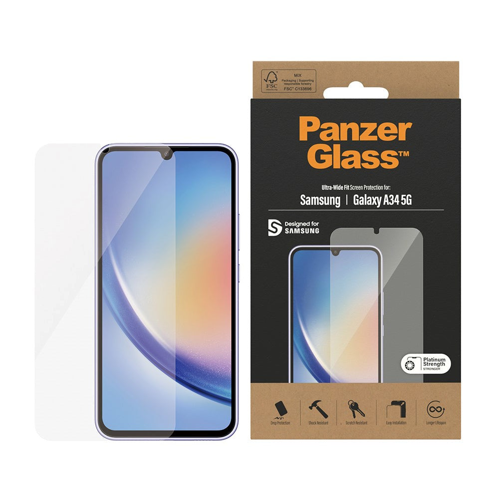 Samsung Galaxy A34 (5G) PanzerGlass Ultra Wide Fit Skærmbeskyttelsesglas - Platinum Strength - Gennemsigtig
