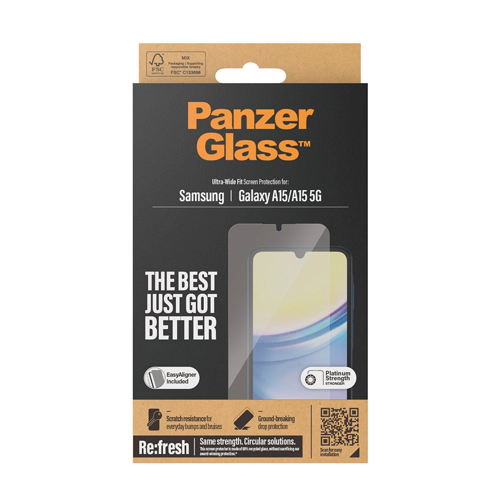 Samsung Galaxy A15 / A15 (5G) PanzerGlass Ultra Wide Fit Re:fresh Beskyttelsesglas m. EasyAligner - Platinum Strength - Gennemsigtig