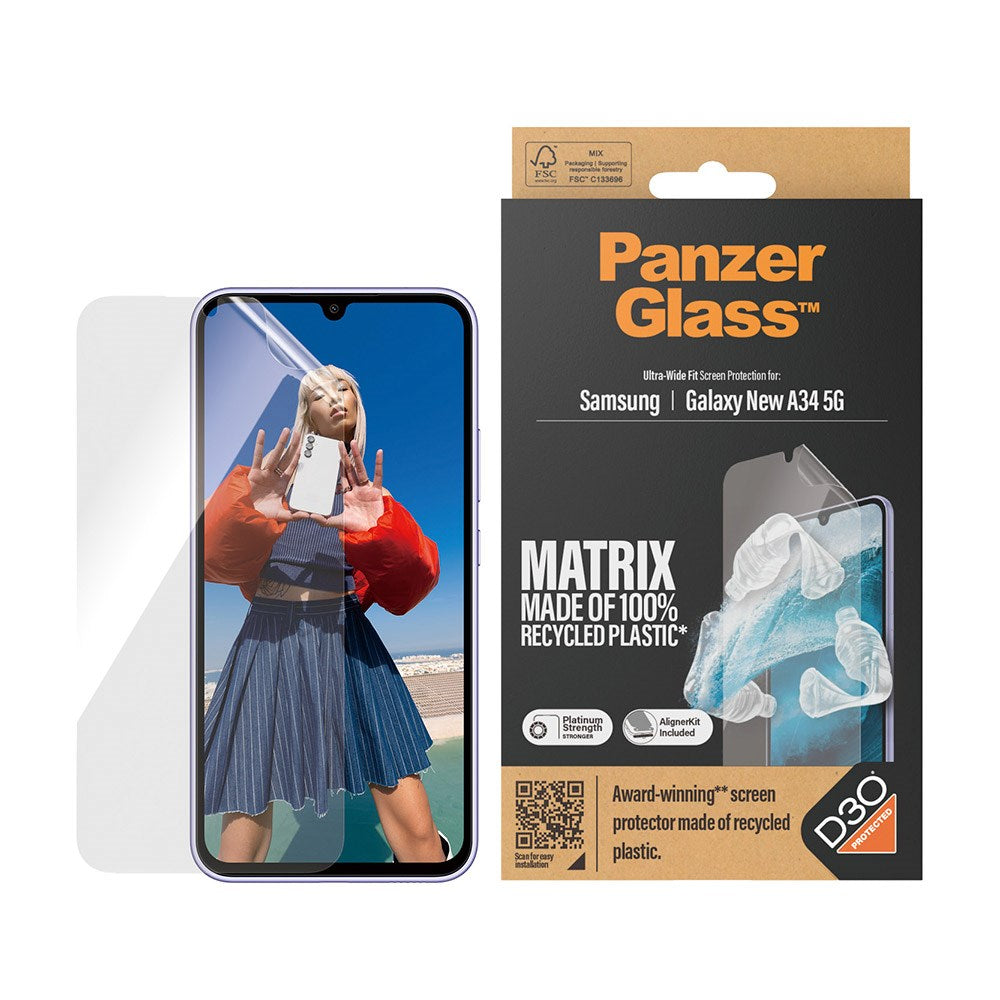 Samsung Galaxy A35 (5G) PanzerGlass Matrix AntiBacterial Ultra Wide Fit Plastikbeskyttelse - AlignerKit - Platinum Strength - Gennemsigtig