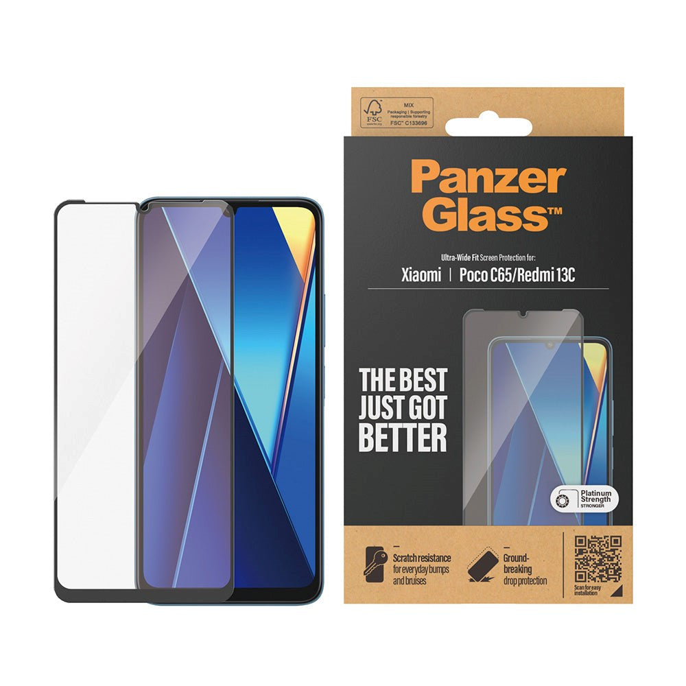 Xiaomi Poco C65 / Redmi 13C PanzerGlass Ultra Wide Fit Skærmbeskyttelsesglas - Platinum Strength - Sort Kant