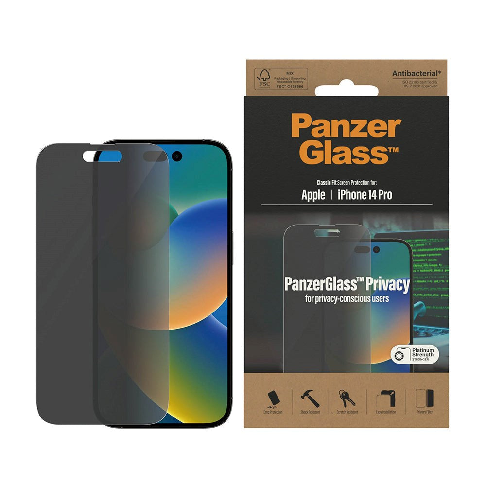 iPhone 14 Pro PanzerGlass AntiBacterial Classic Fit Skærmbeskyttelsesglas - Privacy Filter - Platinum Strength - Gennemsigtig / Sort