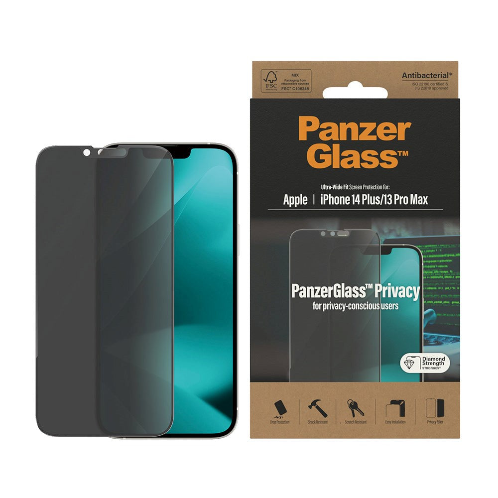 iPhone 14 Plus / 13 Pro Max  Pro PanzerGlass AntiBacterial Ultra Wide Fit Skærmbeskyttelsesglas - Privacy - Diamond Strength - Gennemsigtig