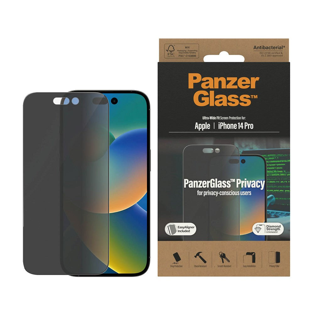 iPhone 14 Pro PanzerGlass AntiBacterial Ultra Wide Fit Skærmbeskyttelsesglas - Privacy Filter - m. EasyAligner - Diamond Strength - Gennemsigtig / Sort