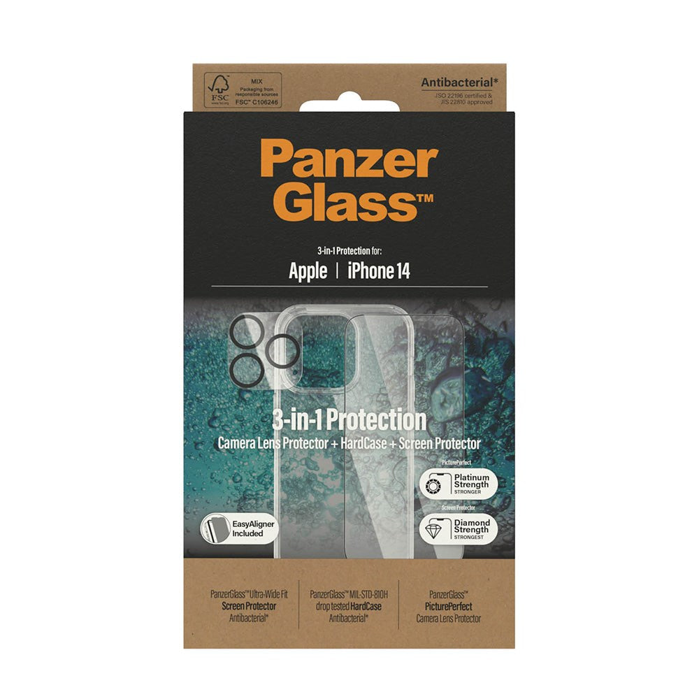 iPhone 14 PanzerGlass 3-i-1 Bundle m. EasyAligner - Skærmbeskyttelse (UWF) / Bagsidecover / Kamerabeskyttelse - Gennemsigtig