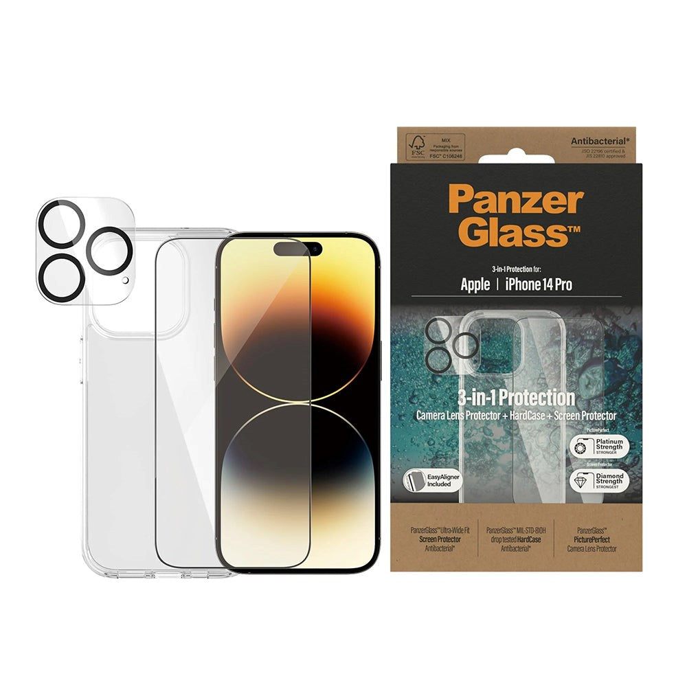 iPhone 14 Pro PanzerGlass 3-i-1 Bundle m. EasyAligner - Skærmbeskyttelse (UWF) / Bagsidecover / Kamerabeskyttelse - Gennemsigtig