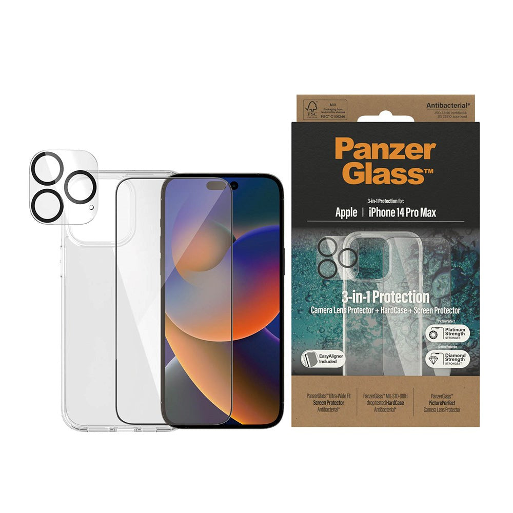 iPhone 14 Pro Max PanzerGlass 3-i-1 Bundle m. EasyAligner - Skærmbeskyttelse (UWF) / Bagsidecover / Kamerabeskyttelse - Gennemsigtig