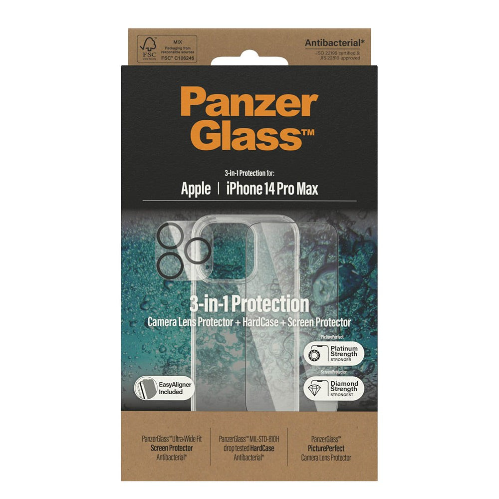 iPhone 14 Pro Max PanzerGlass 3-i-1 Bundle m. EasyAligner - Skærmbeskyttelse (UWF) / Bagsidecover / Kamerabeskyttelse - Gennemsigtig