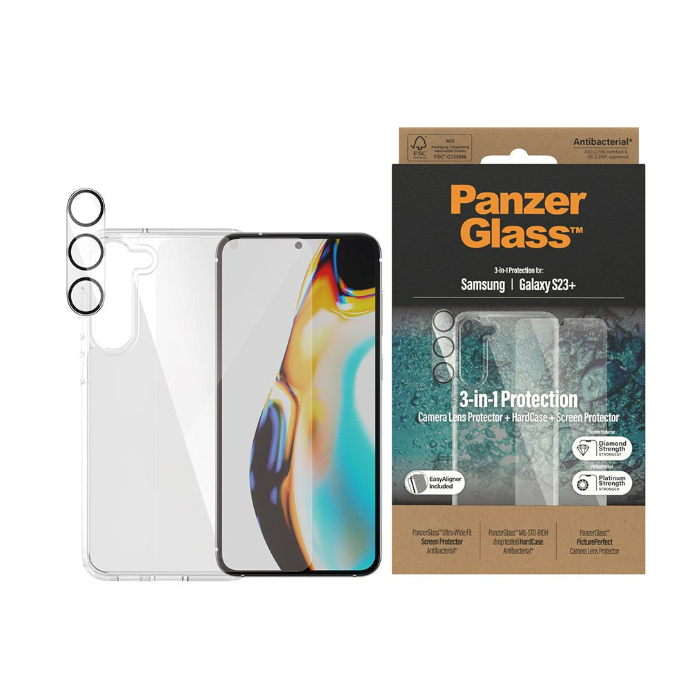 Samsung Galaxy S23+ (Plus) PanzerGlass 3-i-1 Bundle m. EasyAligner - Skærmbeskyttelse (UWF) / Bagsidecover / Kamerabeskyttelse - Gennemsigtig