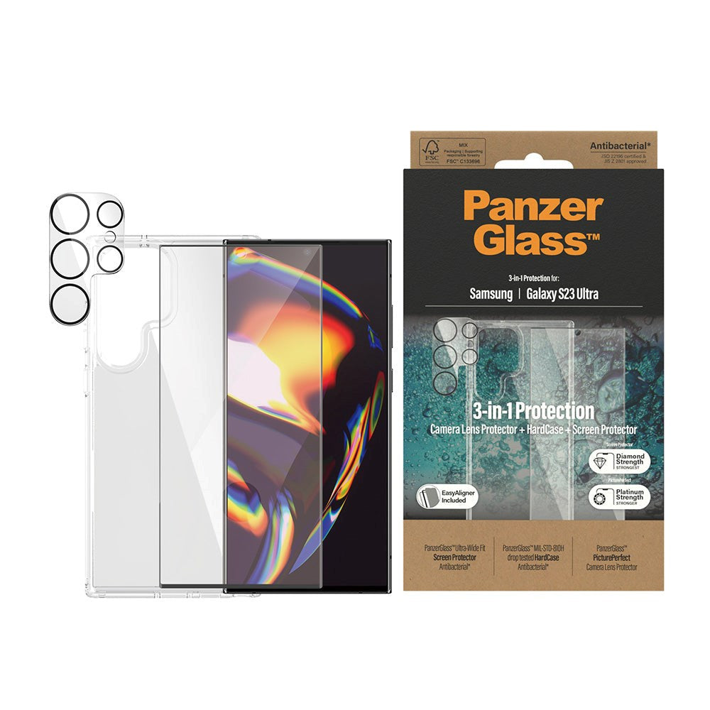 Samsung Galaxy S23 Ultra PanzerGlass 3-i-1 Bundle m. EasyAligner - Skærmbeskyttelse (UWF) / Bagsidecover / Kamerabeskyttelse - Gennemsigtig