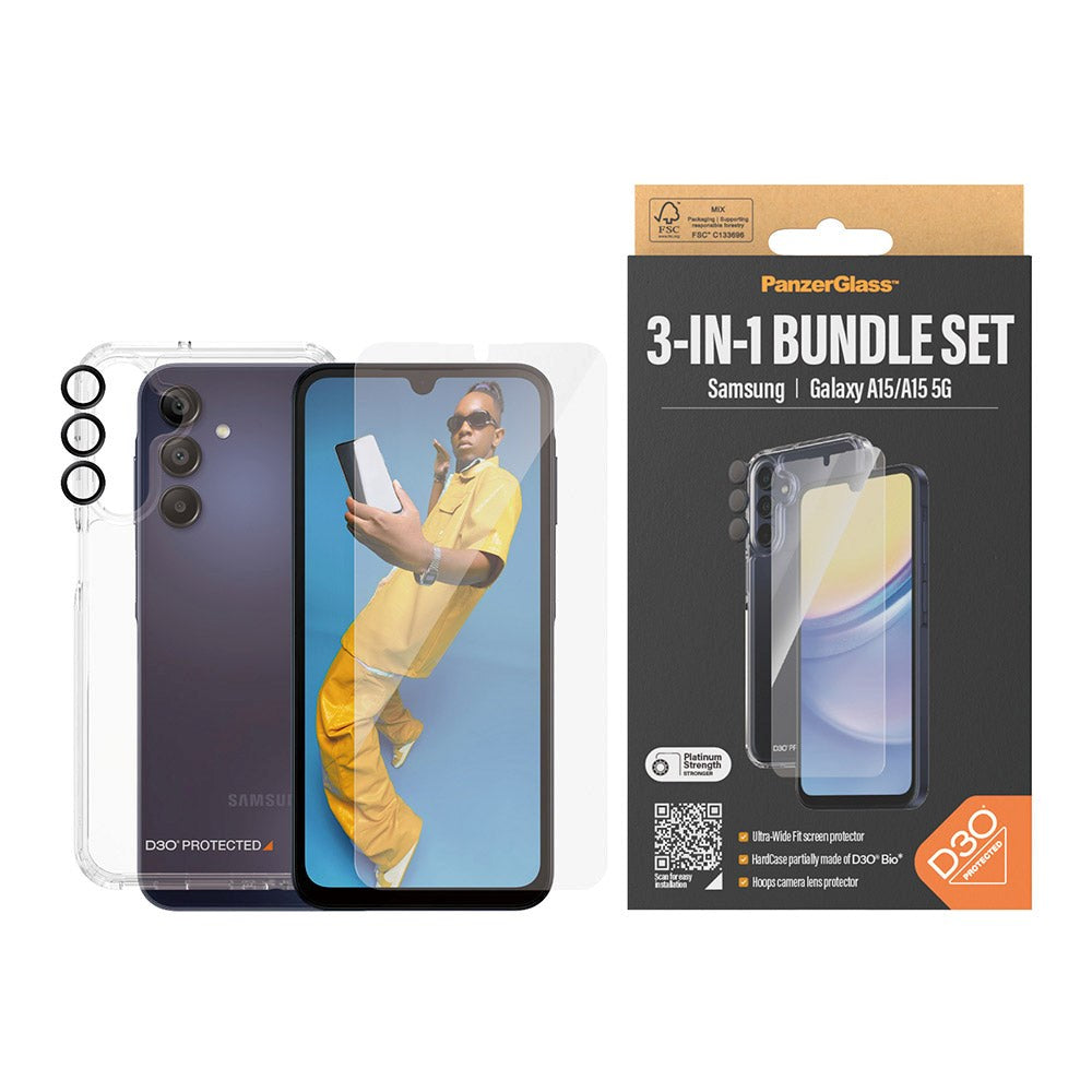 Samsung Galaxy A15 / A15 (5G) PanzerGlass 3-i-1 Bundle m. EasyAligner - Skærmbeskyttelse (UWF) / D3O Bio Hardcase Cover / Hoops Kamerabeskyttelse - Gennemsigtig / Sort