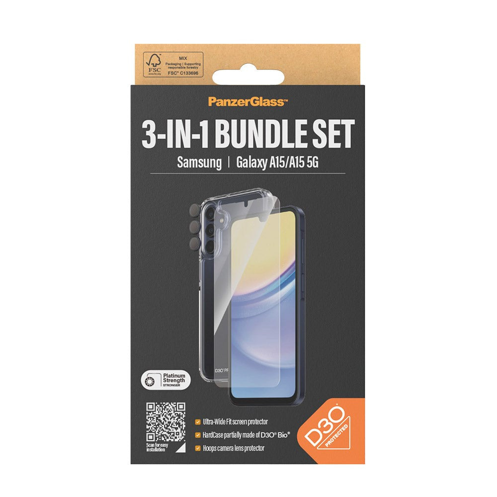 Samsung Galaxy A15 / A15 (5G) PanzerGlass 3-i-1 Bundle m. EasyAligner - Skærmbeskyttelse (UWF) / D3O Bio Hardcase Cover / Hoops Kamerabeskyttelse - Gennemsigtig / Sort