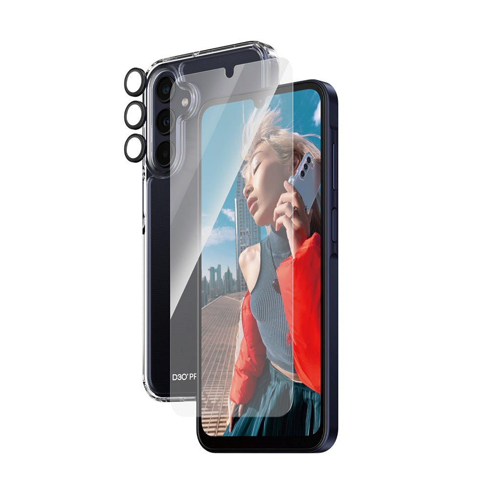 Samsung Galaxy A25 (5G) PanzerGlass 3-i-1 Bundle m. EasyAligner - Skærmbeskyttelse (UWF) / D3O Bio Hardcase Cover / Hoops Kamerabeskyttelse - Gennemsigtig / Sort