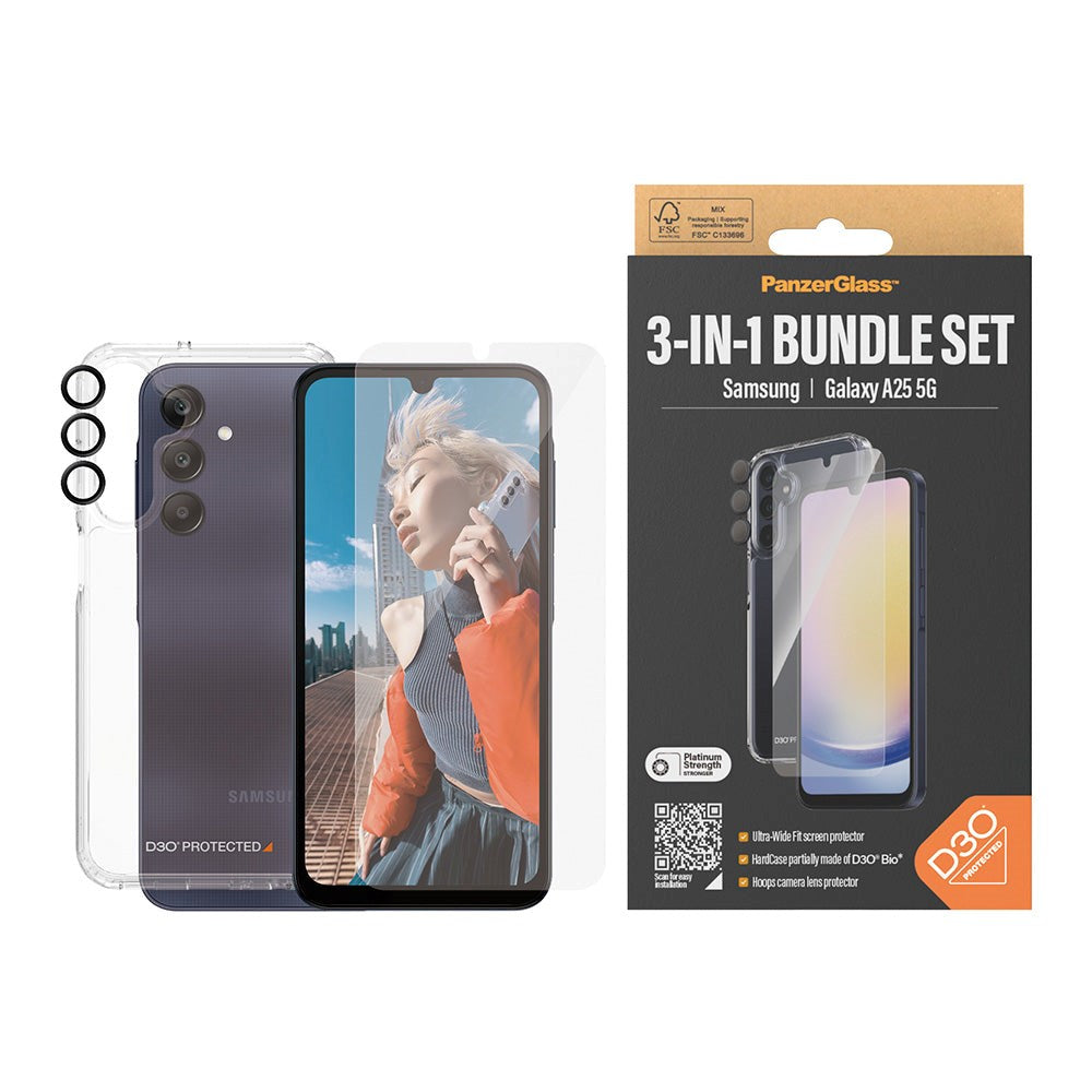 Samsung Galaxy A25 (5G) PanzerGlass 3-i-1 Bundle m. EasyAligner - Skærmbeskyttelse (UWF) / D3O Bio Hardcase Cover / Hoops Kamerabeskyttelse - Gennemsigtig / Sort