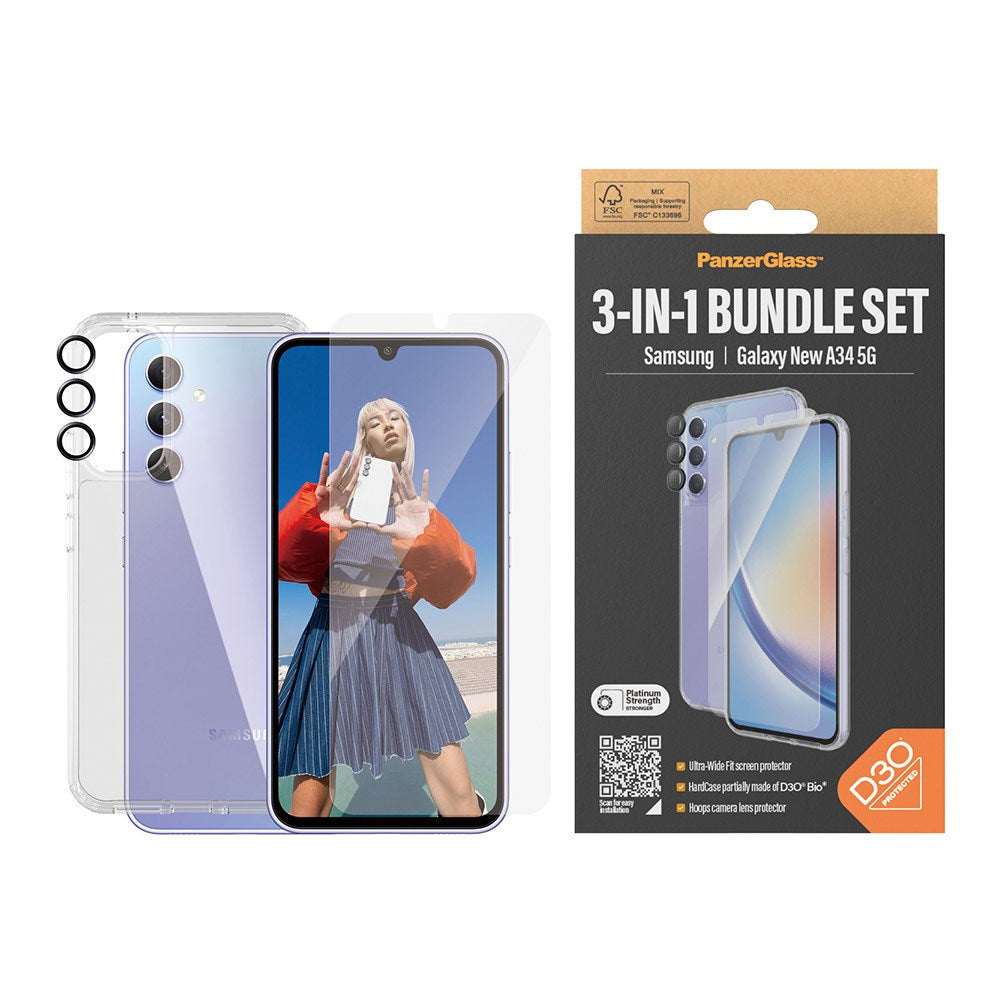 Samsung Galaxy A35 (5G) PanzerGlass 3-i-1 Bundle m. EasyAligner - Skærmbeskyttelse (UWF) / D3O Bio Hardcase Cover / Hoops Kamerabeskyttelse - Gennemsigtig / Sort