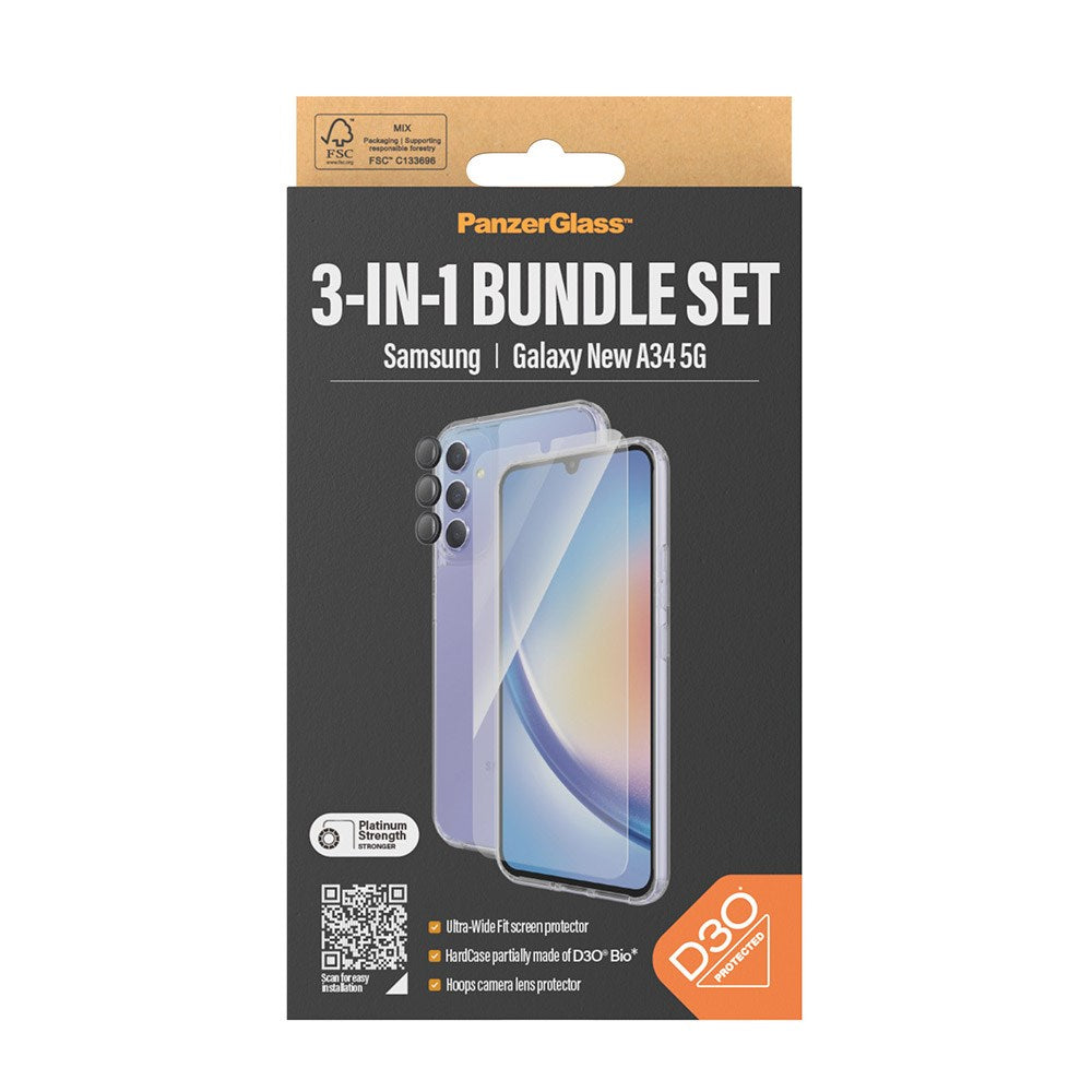 Samsung Galaxy A35 (5G) PanzerGlass 3-i-1 Bundle m. EasyAligner - Skærmbeskyttelse (UWF) / D3O Bio Hardcase Cover / Hoops Kamerabeskyttelse - Gennemsigtig / Sort