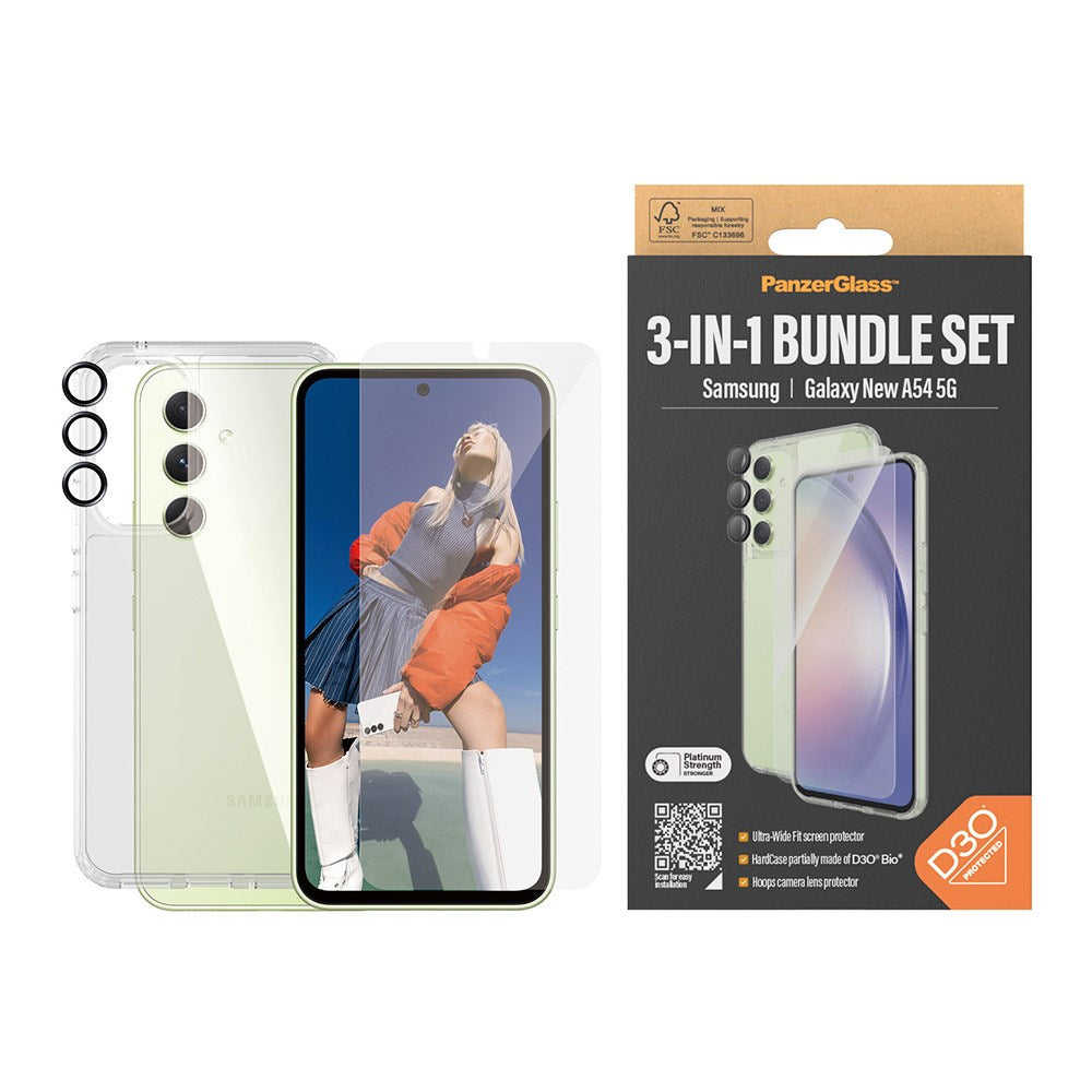 Samsung Galaxy A55 (5G) PanzerGlass 3-i-1 Bundle m. EasyAligner - Skærmbeskyttelse (UWF) / D3O Bio Hardcase Cover / Hoops Kamerabeskyttelse - Gennemsigtig / Sort