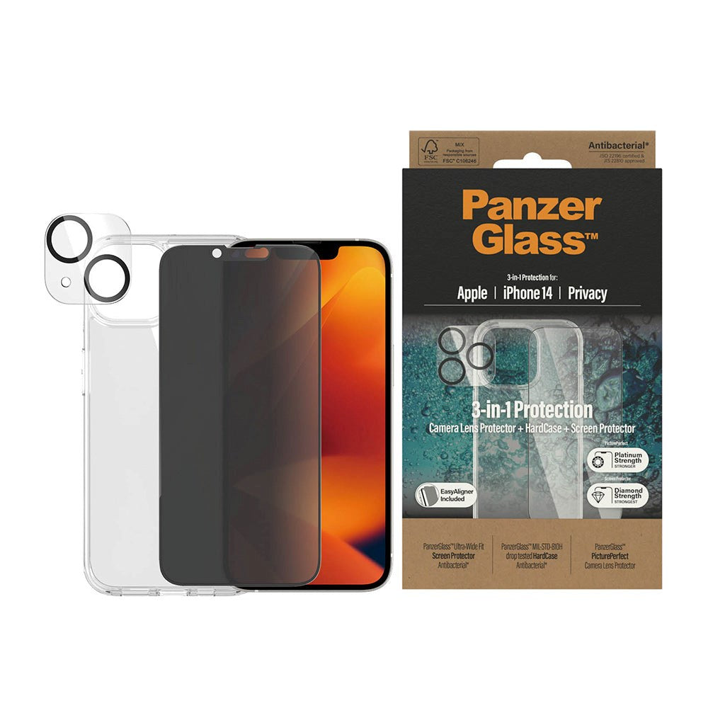 iPhone 14 PanzerGlass 3-i-1 Bundle m. EasyAligner - Privacy Skærmbeskyttelse (UWF) / Bagsidecover / Kamerabeskyttelse - Gennemsigtig